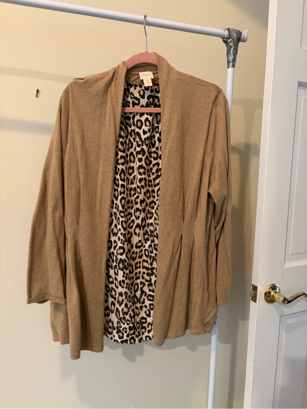 Chico's Stylish Camel Cardigan with Leopard Print Lining